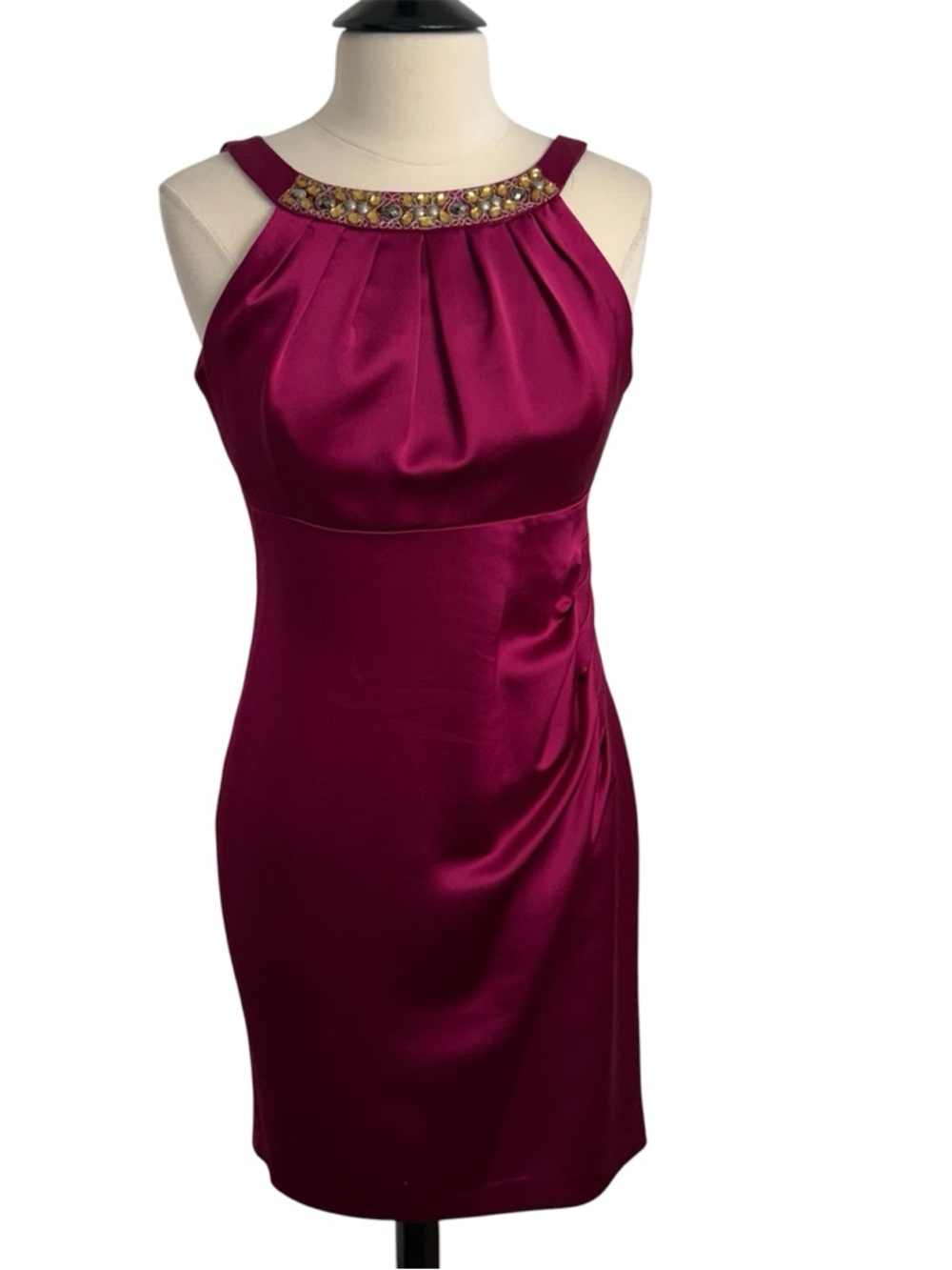 Evan-Picone Women's Bejeweled Satin Halter Neckline Cocktail Sheath Magenta Sz10
